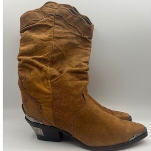 Zodiac USA Vintage Suede Slouch Western Boots Women 8 Tan Metal Star Heel 103124